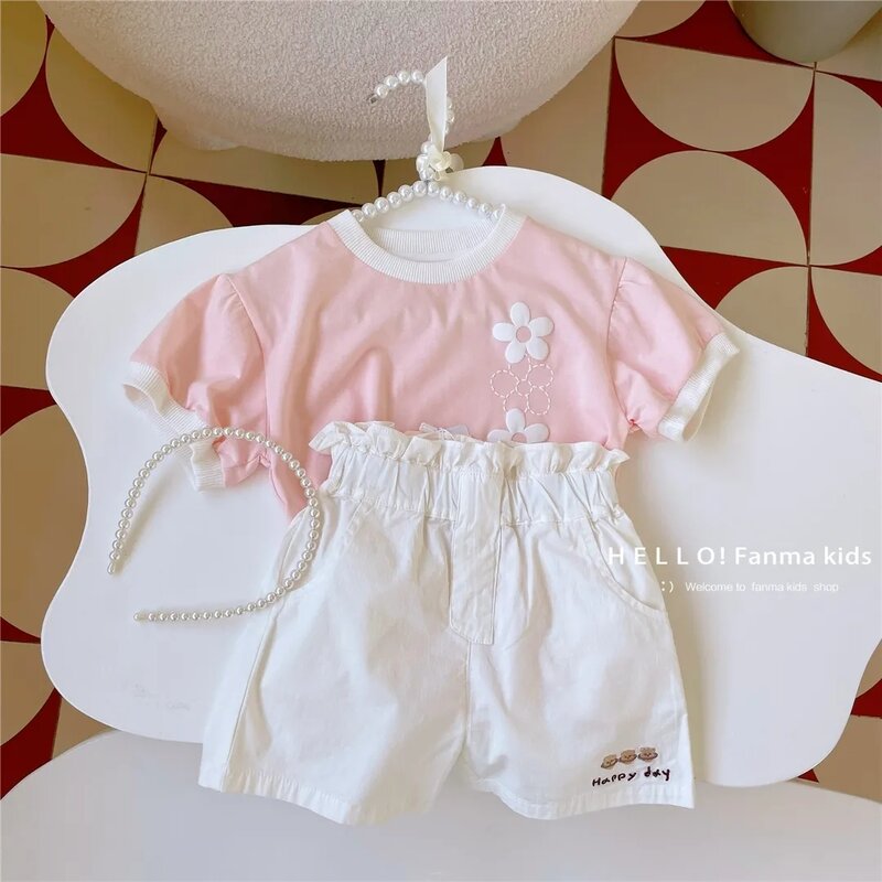 Pakaian Anak-anak Musim Panas Anak Perempuan Bayi Lengan Pendek Set 2023 Baru Korea Anak Perempuan Leher Bulat T-shirt Celana Pendek 2 Buah Set
