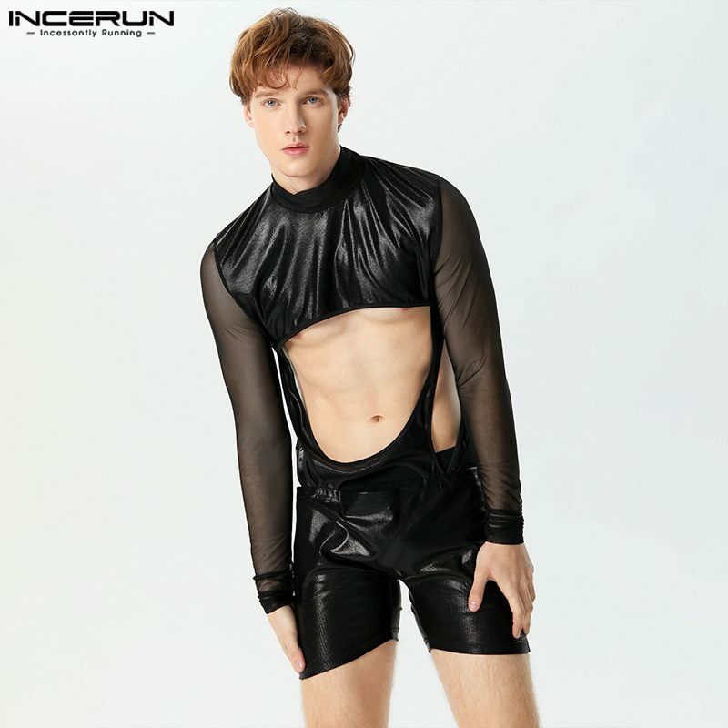 INCERUN Men Bodysuits Shiny Mesh Patchwork Hollow Out Sexy Turtleneck Long Sleeve Male Rompers Streetwear 2024 Fashion Playsuits
