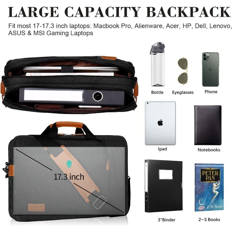 حقيبة ظهر للكمبيوتر المحمول قابلة للتحويل باللون الرمادي الداكن ، حقيبة كتف ، حقائب 3 في 1 ، 17 "، 17.3"