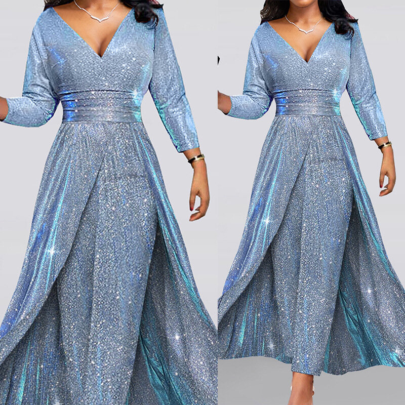 Luxury Sexy Blue V-neck Jumpsuit Double-sided Thin Sequin Large Swing Prom Dress Ppatchwork Waist Length Pants For Party Gown