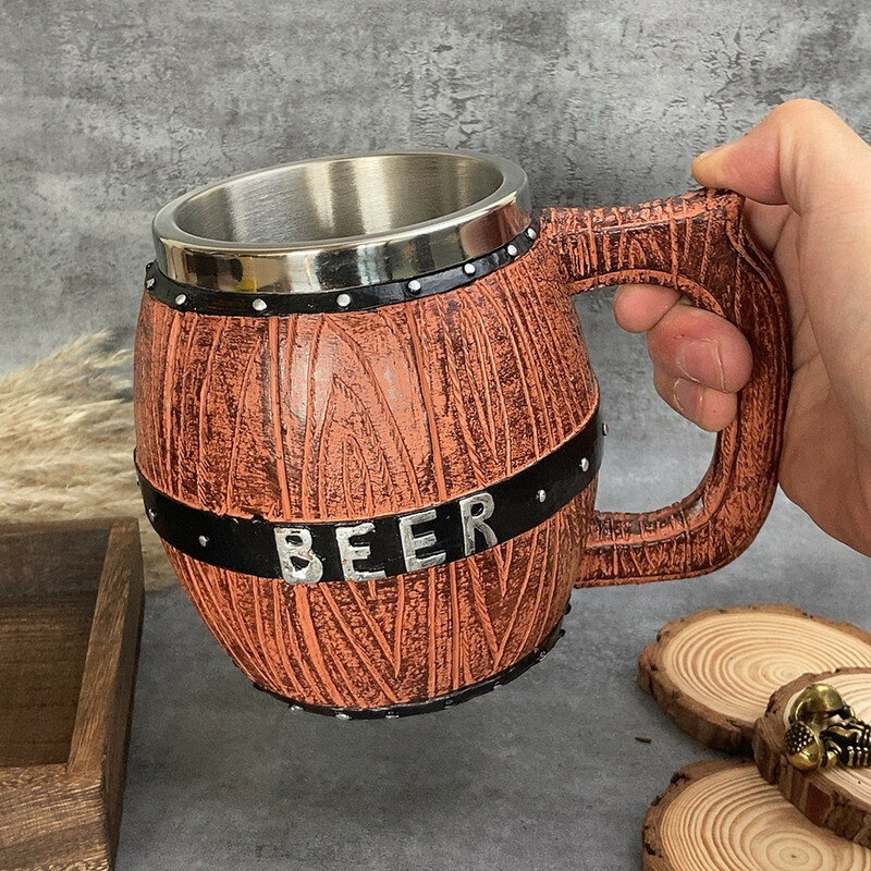 Деревянная бочка, пивная чашка из нержавеющей стали, кружка для пива с двойными стенками, старинная кружка для кофе, кухонные принадлежности
