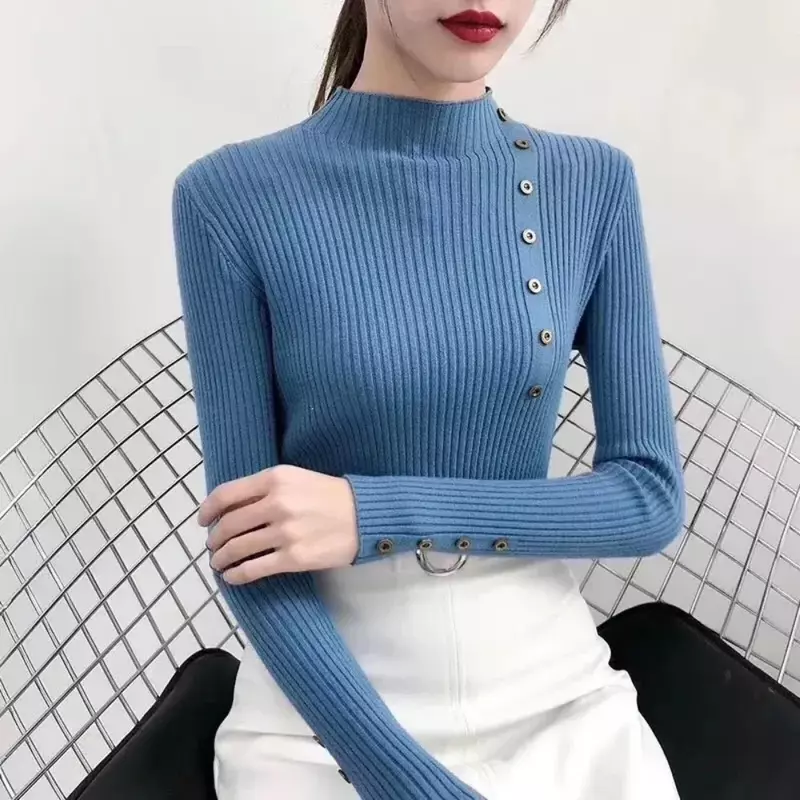 Sweater rajut wanita, baju katun wanita warna elastis lembut Pullover kancing lengan penuh Turtleneck, musim gugur 2023