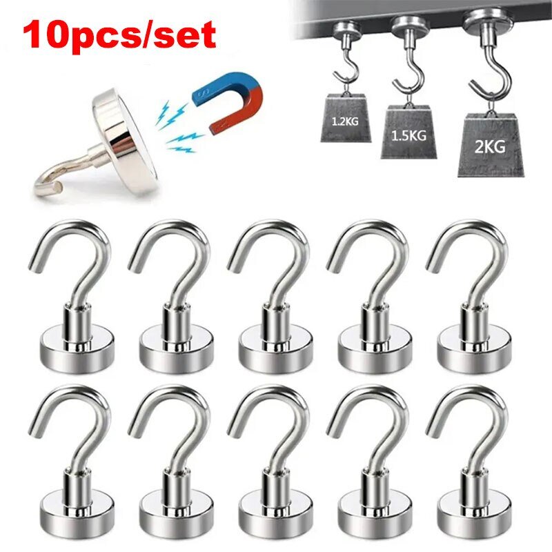 10Pcs Metal Strong Magnetic Hooks Wall-mounted Heavy Duty Magnet Hook Key Coat Hanging Hanger Home Kitchen Bathroom Storage