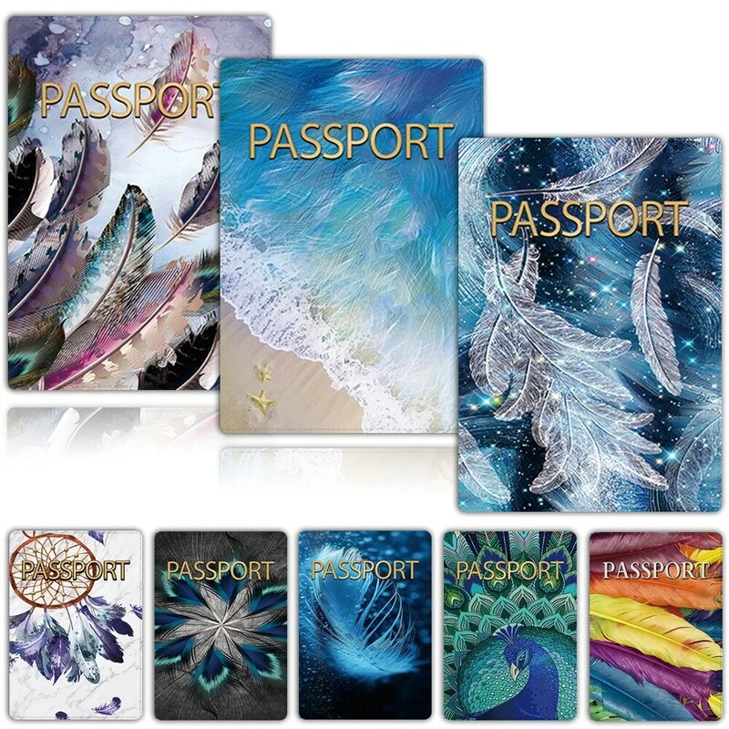 Funda de cuero Pu para pasaporte, billetera con patrón de plumas, estuche de almacenamiento seguro para identificación, tarjetero de visita, Protector