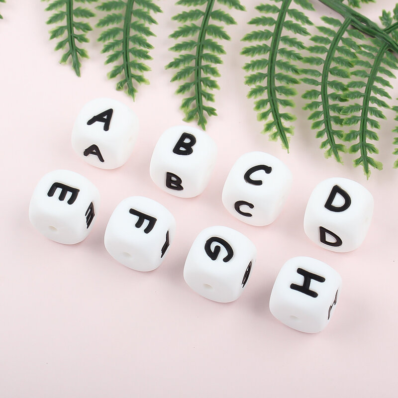50 buah 12mm manik-manik huruf silikon alfabet Teether manik-manik huruf bahasa Inggris Beads Food Grade DIY dot rantai liontin