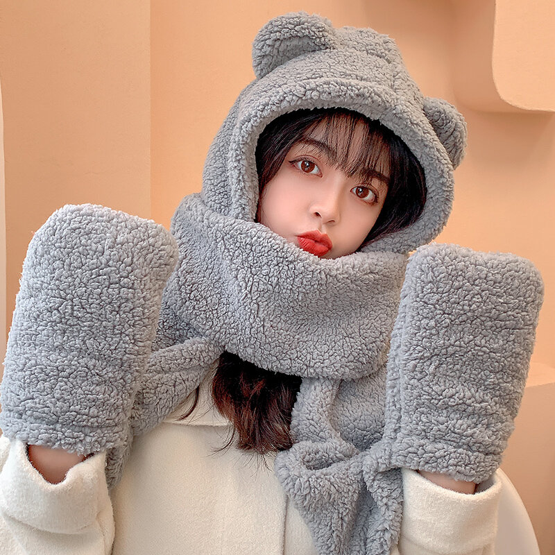 Sombrero de oso bufanda de felpa guantes de invierno para mujer tres piezas con capucha bufanda de protección auditiva de una pieza