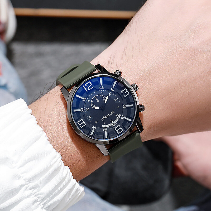นาฬิกาควอตซ์ซิลิโคนสำหรับผู้ชายกระจกสีฟ้าดิจิทัลสามมิติใส่สบายทันสมัย