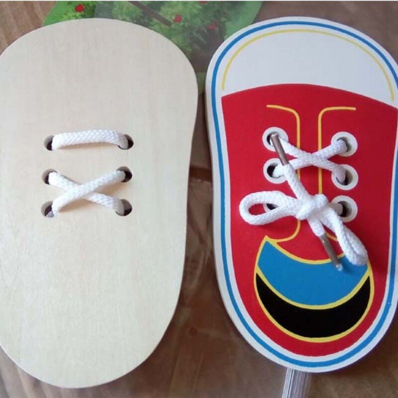 1 sztuka dla dzieci drewniane płaski but sznurki do ćwiczeń sznurowadła Montessori puzle nauki zabawek edukacyjnych