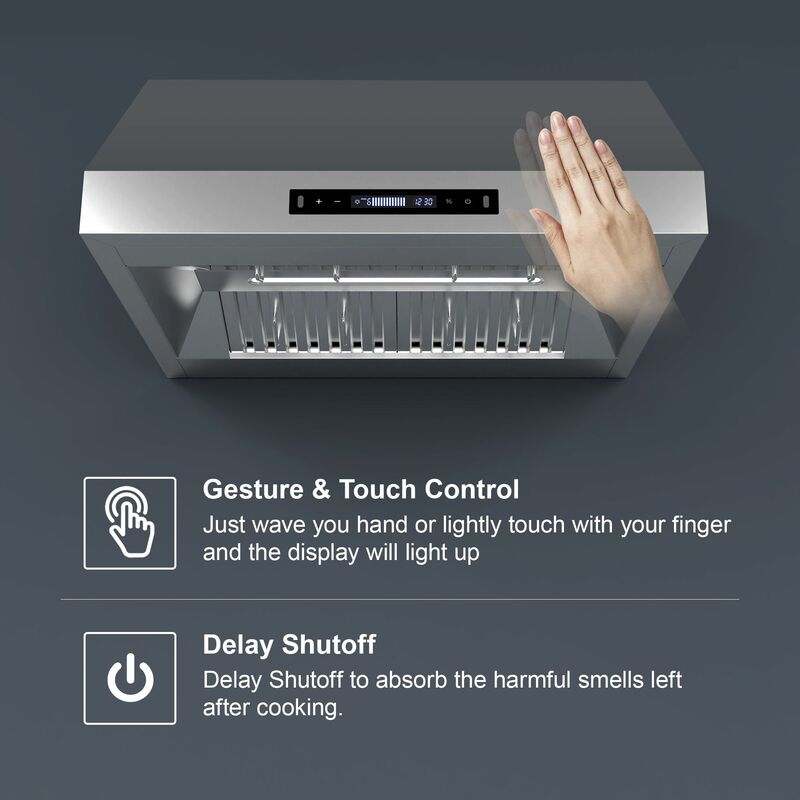 Tieasy 30 inch 900 CFM Under Cabinet with Gesture Sensor Touch Control LED Light 9-Speed Fan Stainless Steel Range Hood USQR4075