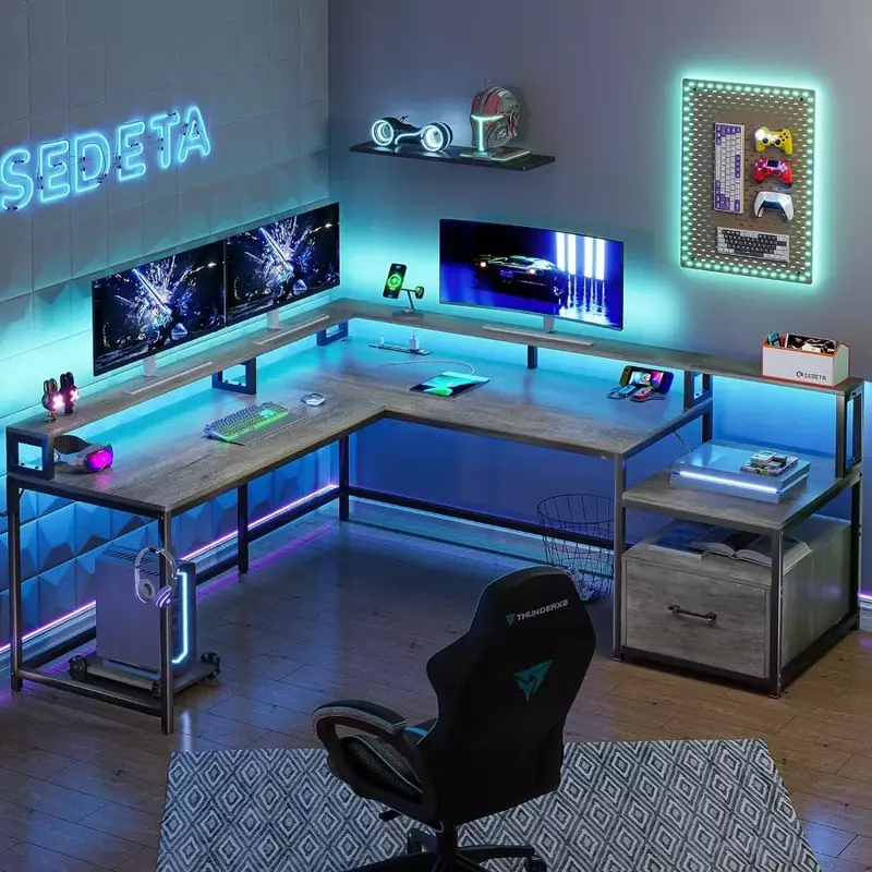 Biuro domowe w kształcie litery L o przekątnej 66 cali z szufladą na dokumenty i gniazdkiem, biurko do gier z oświetleniem LED, narożne biurko komputerowe z półką do przechowywania monitora