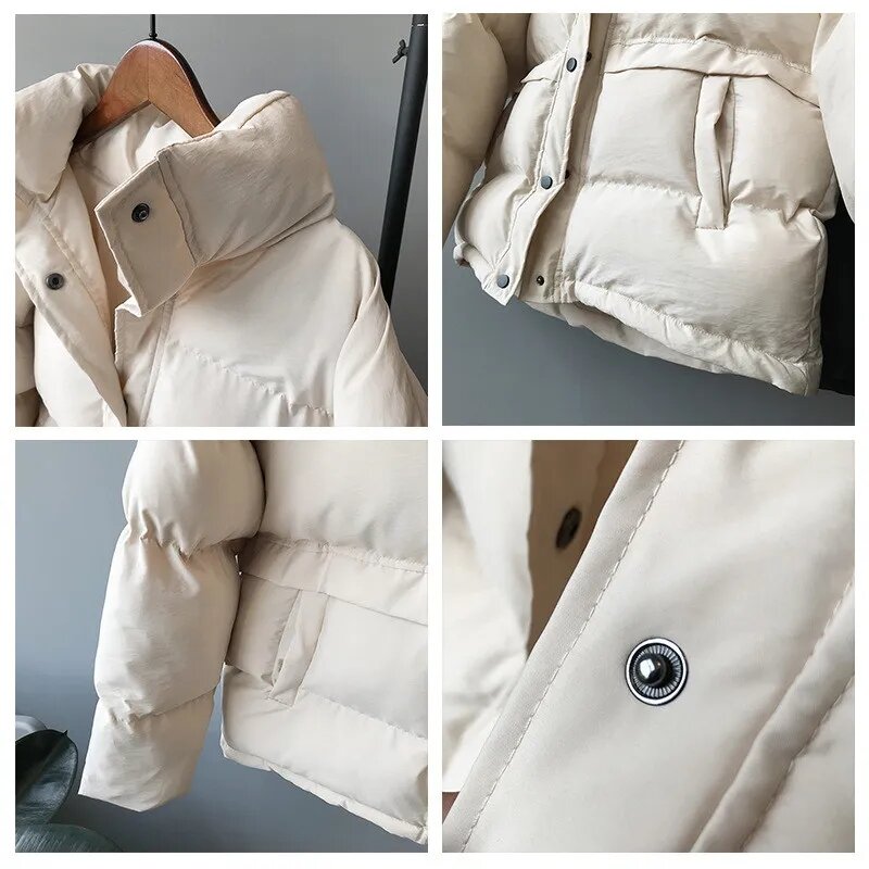 Jaqueta monocromática de algodão para mulheres, gola alta, casaco curto, parka bolha de um só peito, moda feminina, inverno