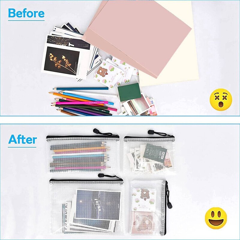 Multifuncional impermeável plástico Mesh Zipper Bag, File Organizer, material de escritório, vários tamanhos, 12 Pcs