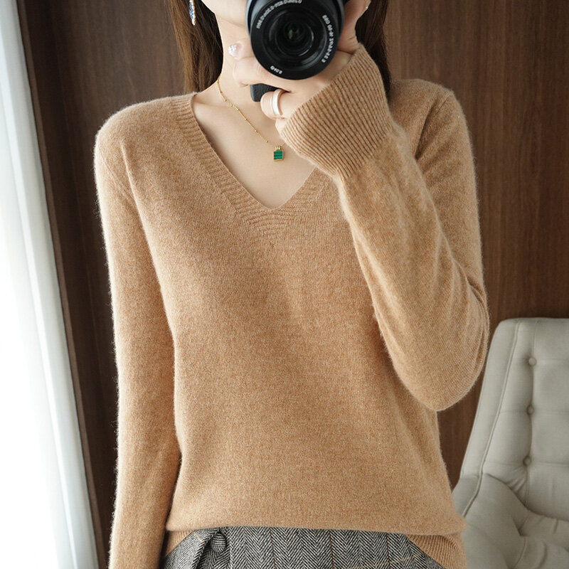 Sweaters Sweater polos leher V wanita, baju Dalaman rajut hangat Musim Semi dan Gugur untuk perempuan