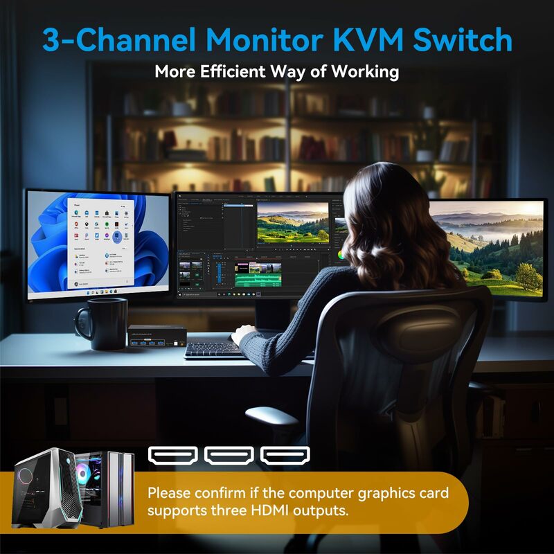 Switch KVM HDMI com Triplo HDMI, USB 3.0, 3 Monitores, 2 Computadores, 4K, 120Hz, 2x3, 4 Portas USB, Monitor, Teclado, Mouse, 8K, 60Hz