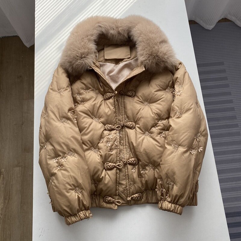Jaqueta de peito único com capuz para mulheres, casaco de pato, gola de pele verdadeira raposa elegante e quente, inverno, novo, 2023, 2023