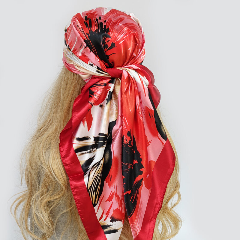 Lenço de seda quadrado para mulheres, lenço de moda, lindas flores, foulard, xale de cetim macio, lenço 90x90cm
