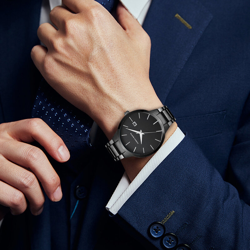 Mężczyźni oglądają luksusowy kalendarz ze stali nierdzewnej moda Quartz pełna czerń biznesowy wodoodporny zegarek sportowy Relogio Masculino
