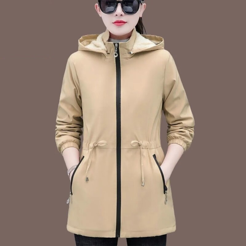 Gabardina con capucha de terciopelo para mujer, chaqueta cálida de longitud media, Tops coreanos, prendas de vestir ajustadas, 5XL, otoño e invierno, novedad de 2023