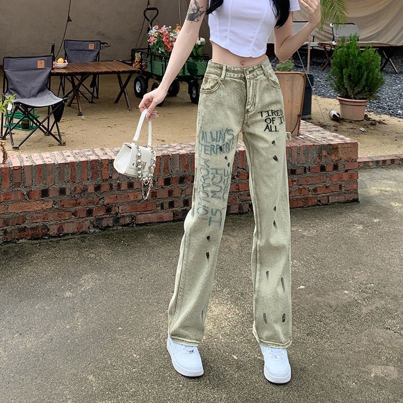 American Retro Tide Brand Washed And Old Ripped Jeans Ins High Street Casual Loose Women Straight Pants Jeans 2022 New