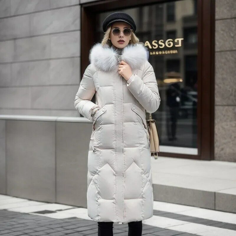 Jaket mantel wanita baru musim dingin 2023 pakaian jaket katun jaket katun panjang menengah mode ramping di atas lutut kerah bulu tebal