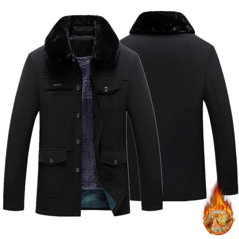 Толстая теплая парка, мужская зимняя куртка с флисовой подкладкой, пальто со съемными карманами в стиле милитари, средней длины, повседневное черное пальто