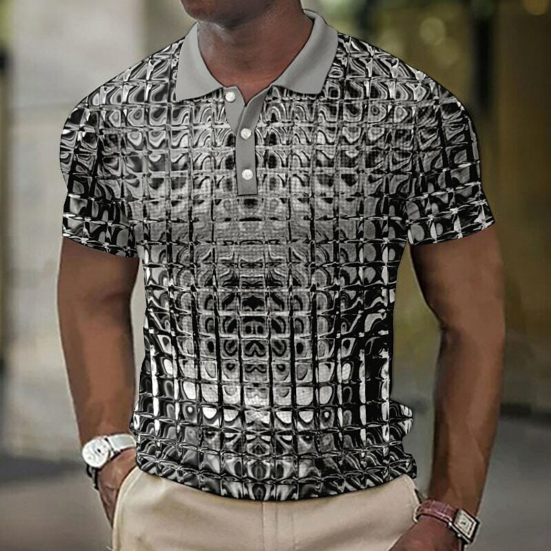 남성용 반팔 폴로 셔츠, 3D 시뮬레이션 금속 격자 무늬 프린트 남성 의류, 캐주얼 스트리트 디자이너 상의 티, 여름 패션