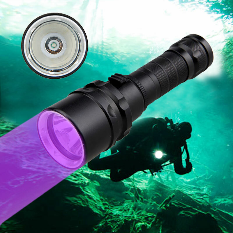 Senter UV 395nm untuk menyelam, senter menyelam tahan air, lampu UV Scuba, ungu, bawah air, lentera Ultraviolet untuk menyelam