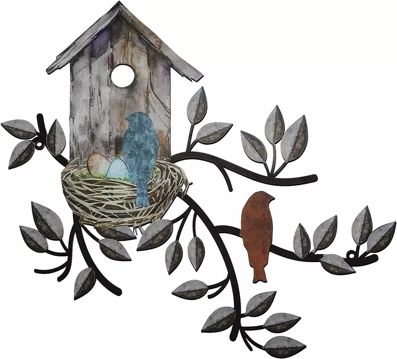 Arbre d'art en métal de jardin avec maison d'oiseau, décoration murale, branches d'arbre et artisanat en fer d'oiseau, montage mural en métal