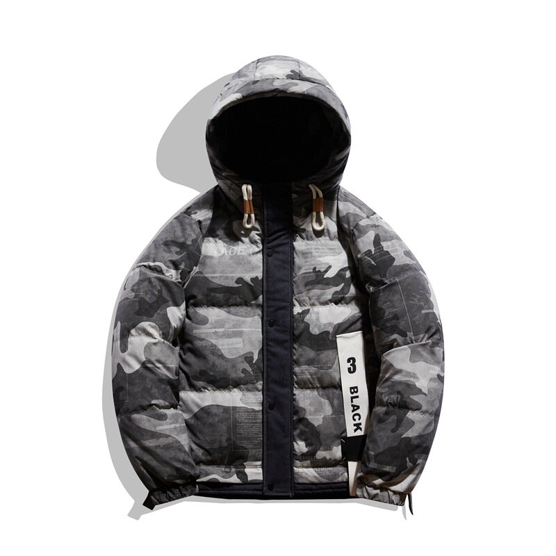 男性用の短いフード付きジャケット,グレーのダックダウンジャケット,厚くて暖かい,防風のアウターウェア,ルーズなプリント,レースアップの手紙,冬のファッション