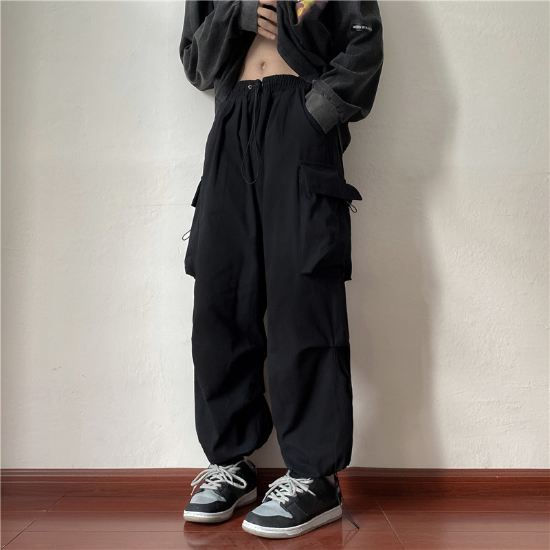 Celana kerja fungsional pria celana kaki lebar longgar gaya Jepang celana kasual tabung lurus jalanan tinggi pakaian jalanan Y2K