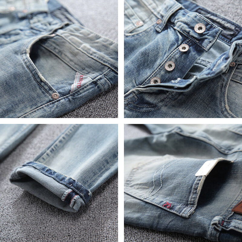 Markowe męskie jeansy wysokiej jakości światło Retro niebieskie elastyczne wąskie porwane jeansy męskie spodnie jednolity, z guzikami w stylu Vintage spodnie dżinsowe