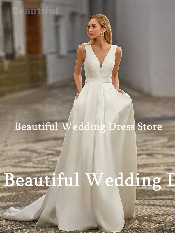 Nuovo semplice abito da sposa bianco pianura raso a-line con tasche lunghezza del pavimento Sweep Train abito da sposa 2024 Vestidos de novia
