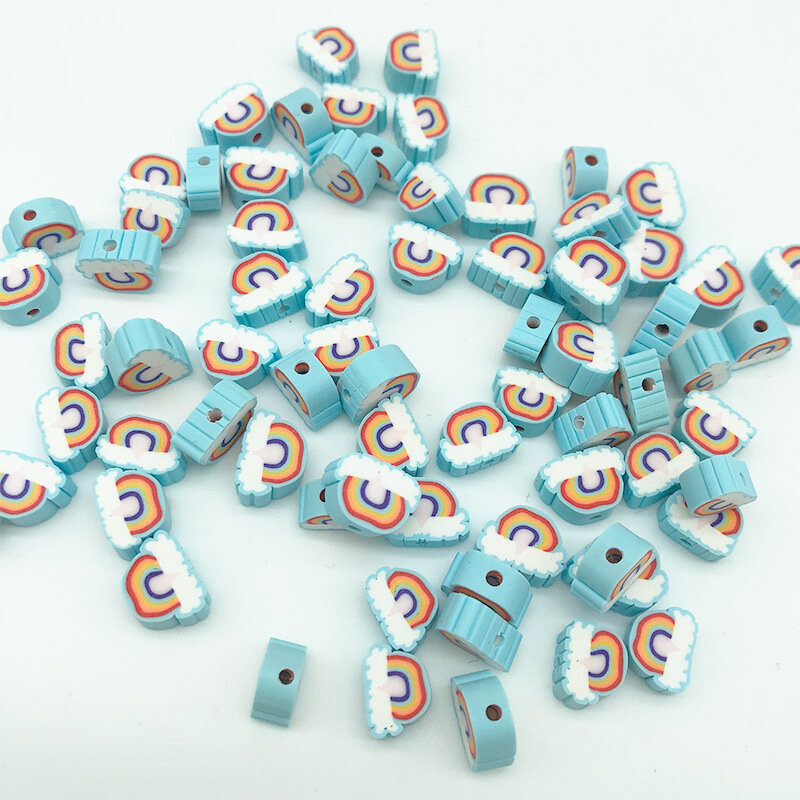 Polymer Clay Bead para Jóias DIY, Kit de Material Redondo Frisado, Azul e Arco-íris, Desenhos Animados e Fofos, Pulseira e Colar, Acessórios DIY, 100 Pçs/lote