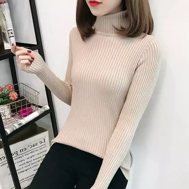 Autumn Winter Sweatshirt for Women High Neck Slim Solid Pullover Knitwear Cashmere Sweaters Ladies White Tops Fashion Sweater