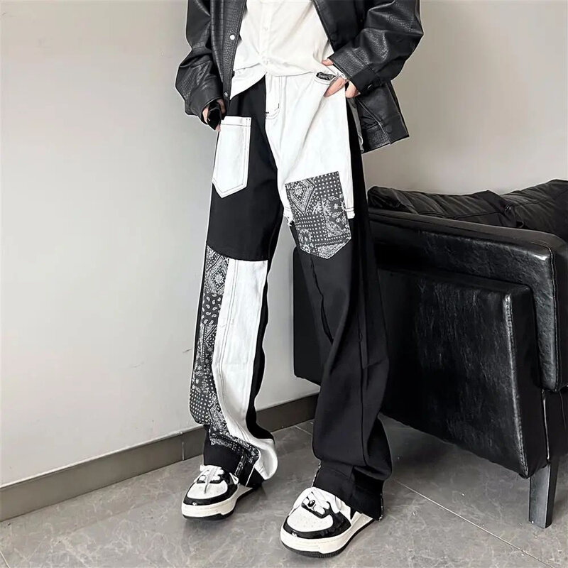 Hip-hop High Street Straight Trousers Men's American Fashion Splicing Contrast Color Wide-leg Pants Design Sports Casual Pants