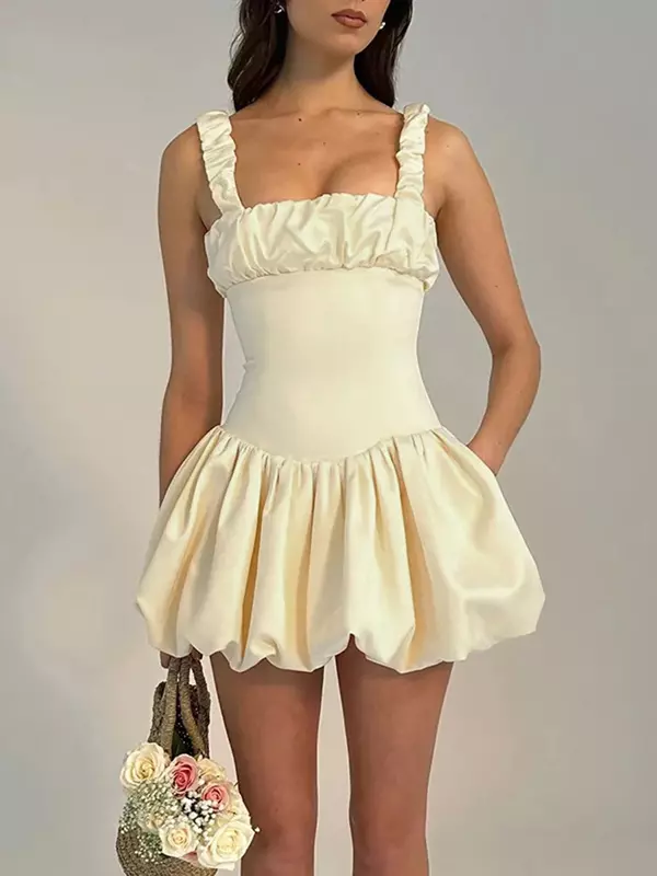 Nuovo abito corto con bretelle per donna pieghe Patchwork senza maniche Sexy Solid Princess Birthday Party Ball Gown Mini Dress