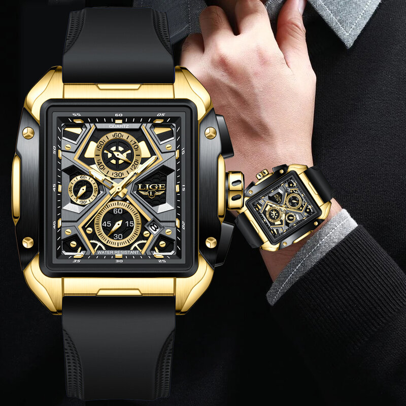 LIGE jam tangan kuarsa untuk pria, arloji Dial besar merek mewah terbaik, jam tangan olahraga tahan air dengan Chronograph tanggalan otomatis