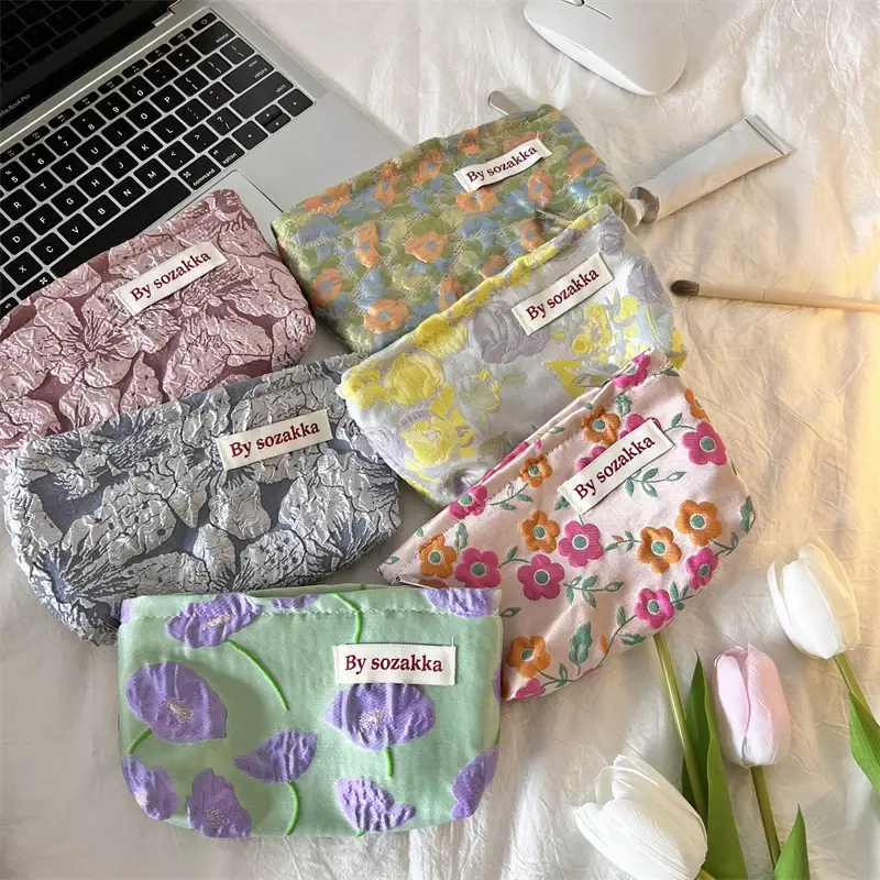 Bolsas de maquillaje florales coreanas para mujer, bolsa organizadora de cosméticos, bolsa de aseo de viaje, estuche de belleza de lona, estuche de lápices, nuevo