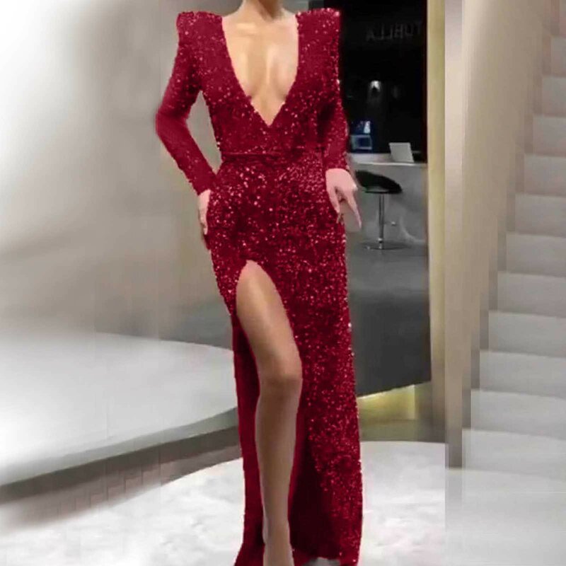 Dresses For Women 2024 Long Sleeve Deep V Elegant Red Sequin Side Slit Club Evening Dress Elegant Long Party Dresses