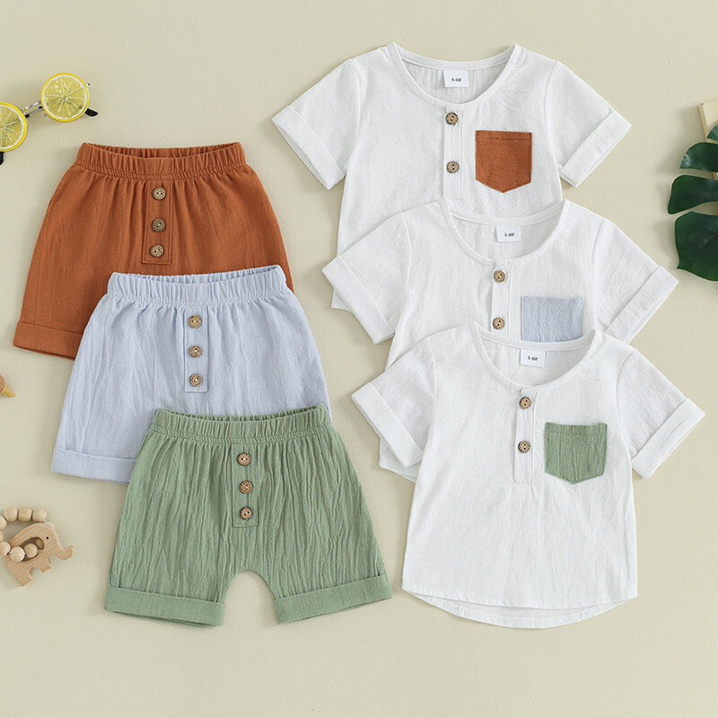 VISgogo-طقم ملابس للأولاد ، تي شيرت بأكمام قصيرة مع خصر مرن شورت ، لون متباين ، ملابس صيفية ، 2 فضفاض