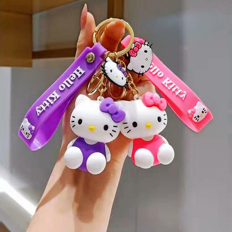 Kawaii Sanrio gantungan kunci boneka Hello Kitty, gantungan kunci kartun Kitty Pvc lucu, gantungan kunci mobil karet lembut, liontin tas wanita hadiah