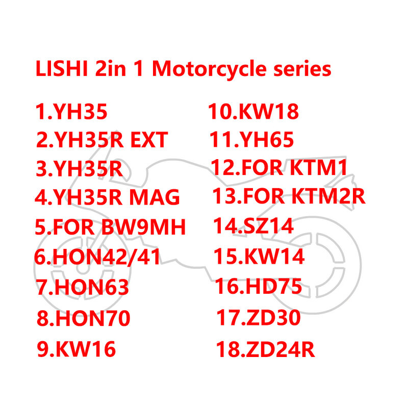 LISHI serie de motocicletas 2 en I, HON42/41, YH35, BW9MH, HON63, HD75, HON70, KW14, KW16, KW18, YH35R, YH65, KTM1, KYM2R
