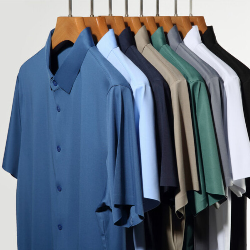 Camisa de manga corta Ultra elástica para hombre, camisa informal de negocios, transpirable, elástica, resistente a la abrasión, Color sólido