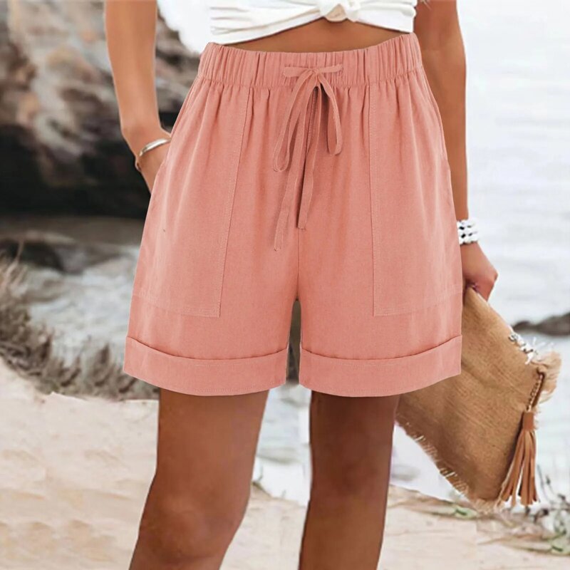 Summer Comfy Shorts Ladies 2024 Solid Elastic Drawstring Casual Shorts High Waist Loose Shorts For Girls With Pockets Pantalones