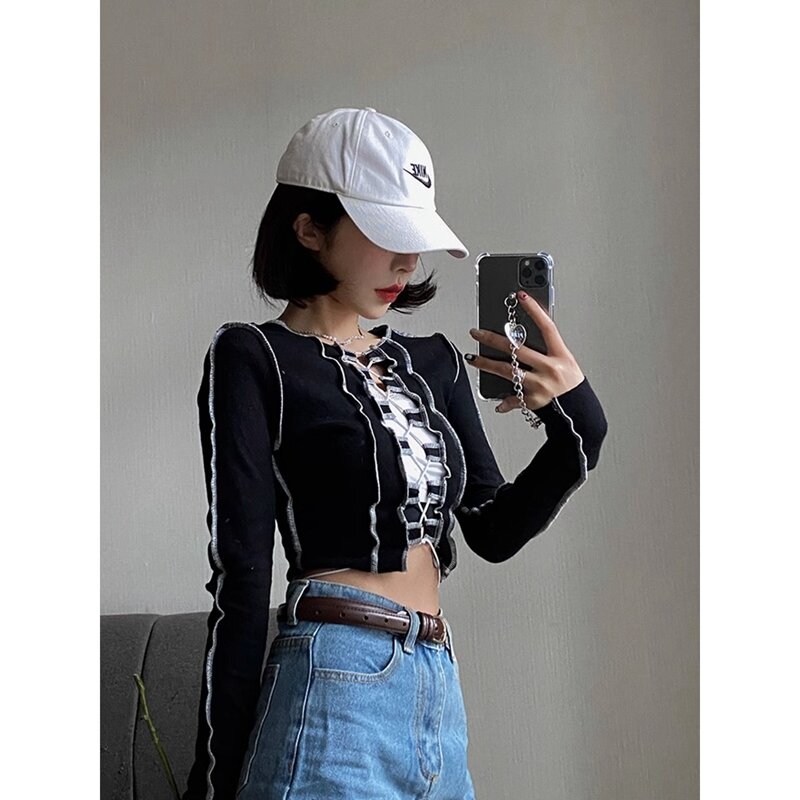 Punk Style Women Spring Autumn Long Sleeve T-Shirts Crop Tops Solid Slim Bandage Pullovers Causal Female Streetwear Base Tees