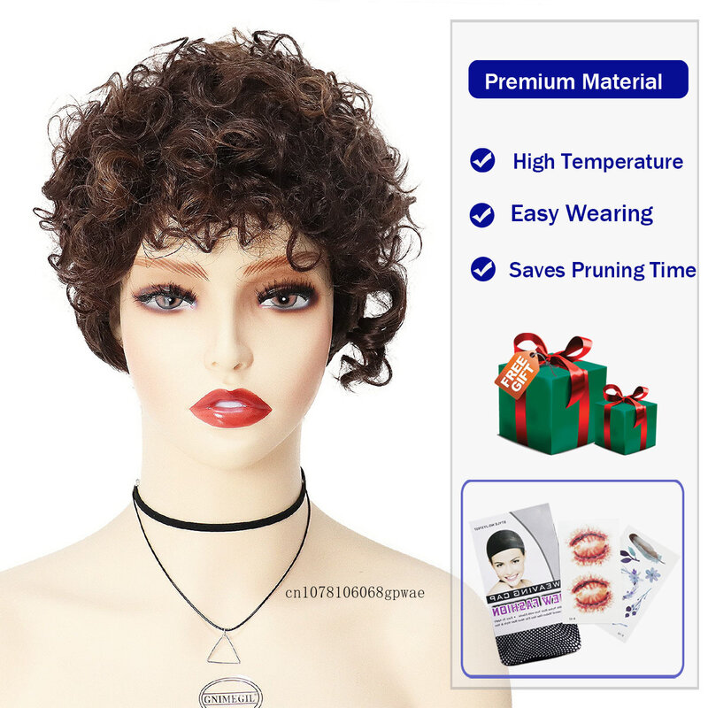 Brown Afro Curly Wigs Synthetic Hair Short Soft Wavy Wig with Bangs for Women Lady Heat Resistant Daily Party Costume Cosplay
