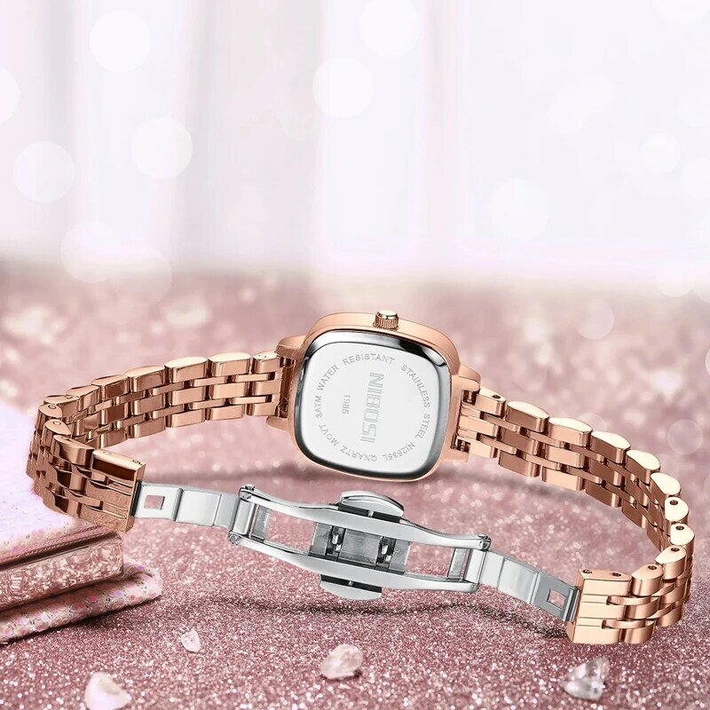 NIBOSI 브랜드 패션 레드 쿼츠 시계 여성용, 럭셔리 로즈 골드 스테인레스 스틸 팔찌, 방수 럭셔리 여성 시계