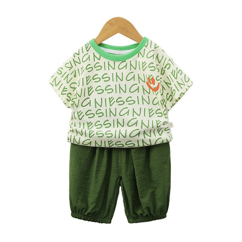 Korean Summer Toddler Boy 2PCS Clothes Set Green Letter Print Short Sleeve Tops Elastic Solid Color Shorts Suit Baby Boy Outfits