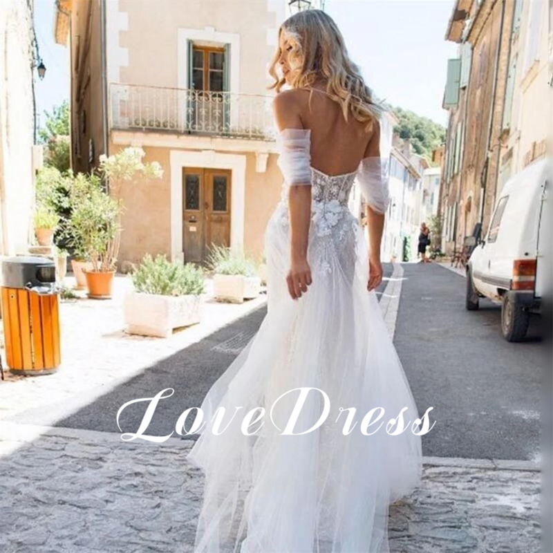 LoveDress gaun pernikahan bahu terbuka Tulle pantai gaun pengantin A-Line kekasih Modern Lengan ilusi berlipat musim panas