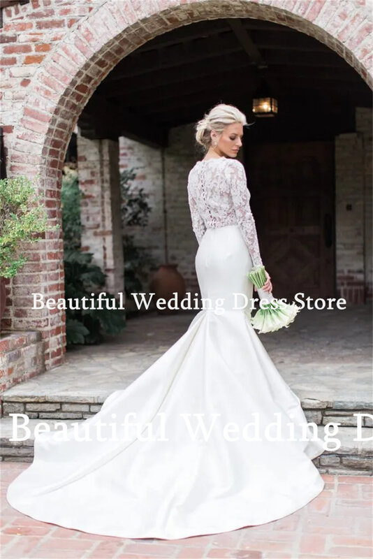New White Women Wedding Dress O-Neck Long Sleeves Lace Appliques Mermaid Satin Floor-Length Vestidos de novia 2024 Bridal Gown